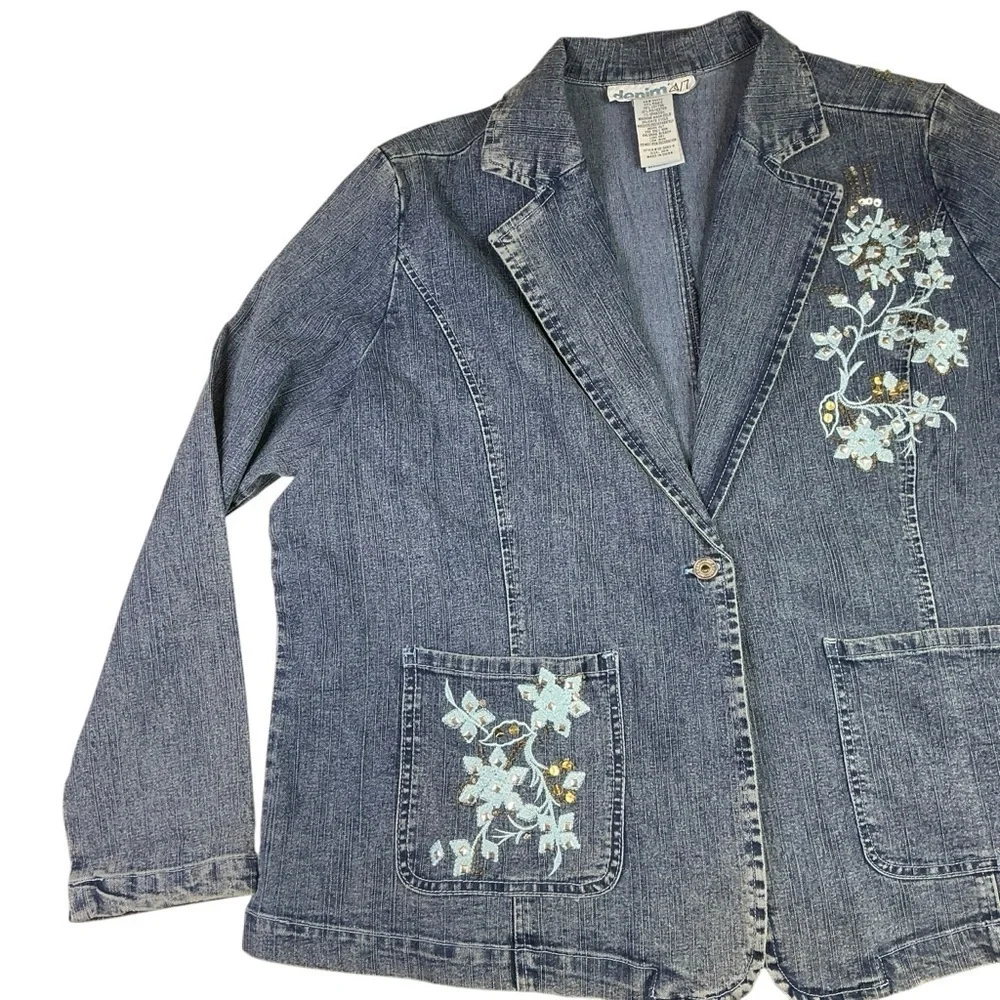Denim 24/7 Blue Jean Jacket Blazer Long Sleeve with Embroidered Floral Design - Picture 10 of 16
